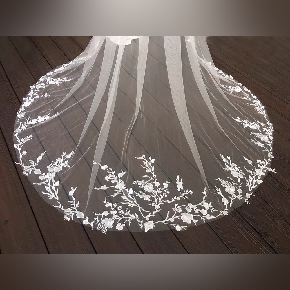 Cathedral Tulle Floral Wedding Veil with Comb - Picture 3 of 7